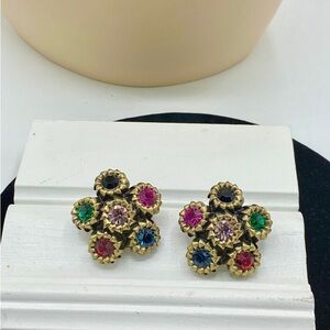 Vintage Chunky Etruscan Blanca Jeweled Crystal Oversized Button Clip Earrings